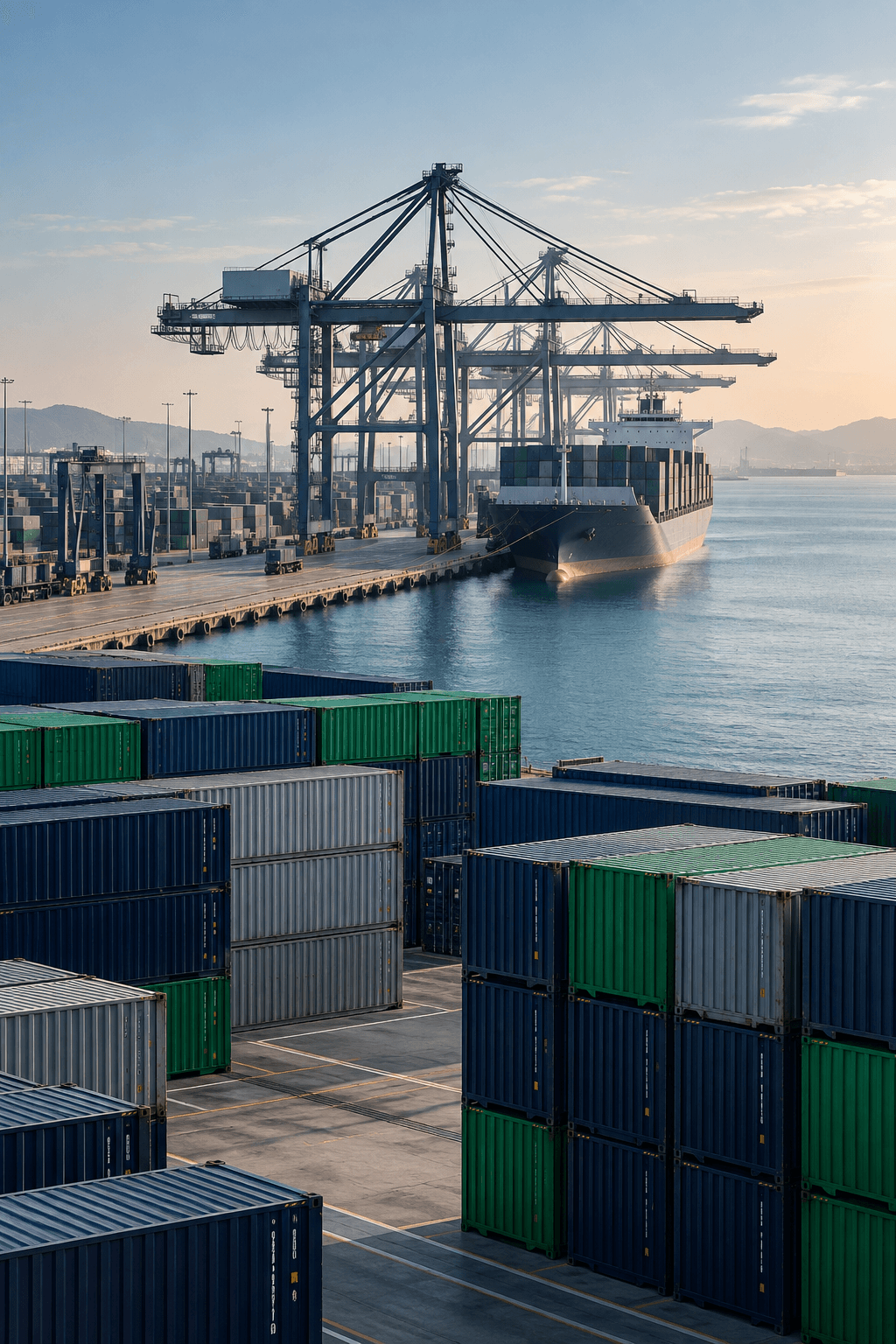 Shipping containers, cargo cranes and a vessel at a coastal port