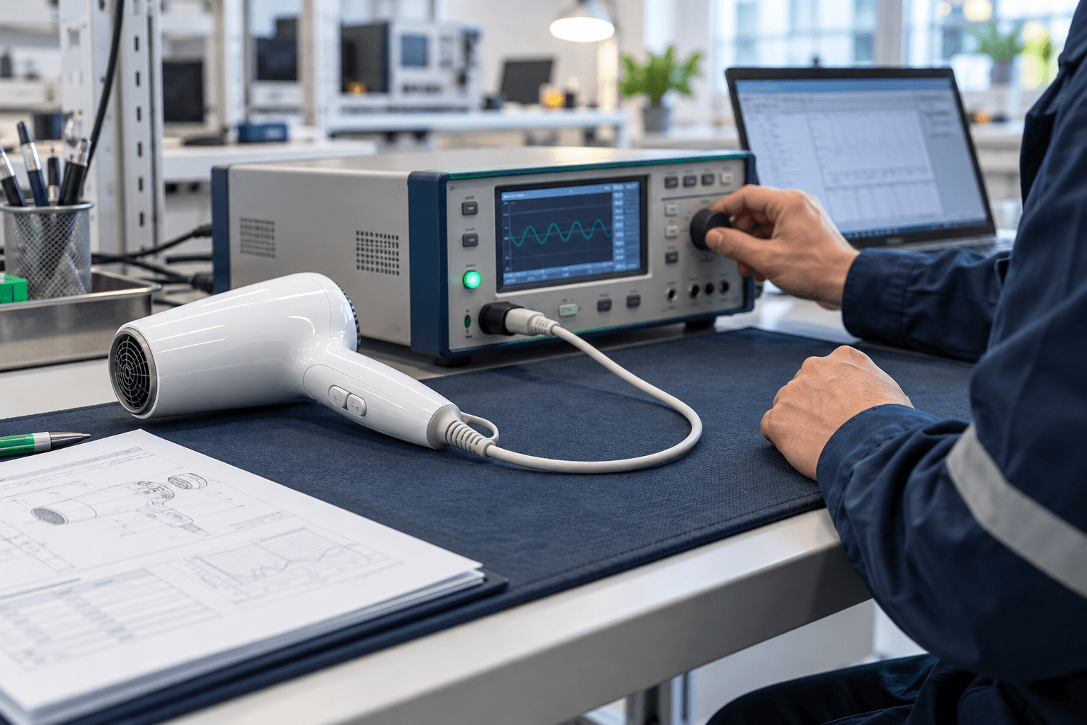 Illustration of an electrical appliance connected to laboratory testing equipment beside a technical report.
