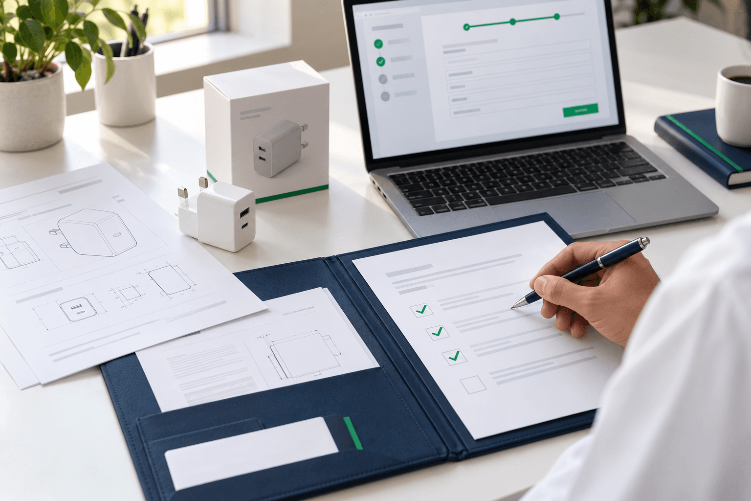 Illustration of an application checklist, product documents and an online submission form.